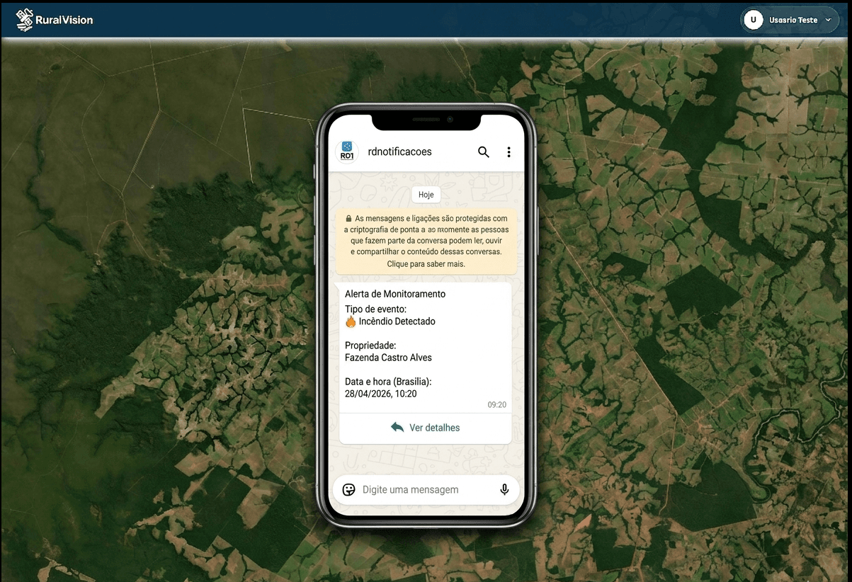 Tela de alerta de foco de incêndio na plataforma RuralVision