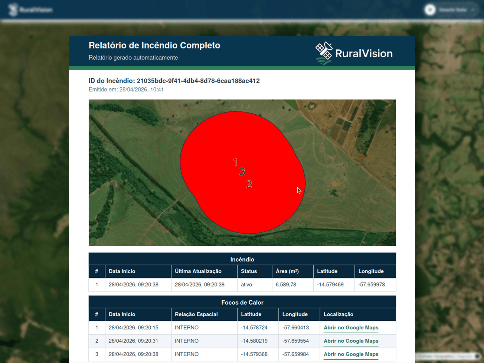 Relatório técnico de ocorrência de incêndio gerado pela RuralVision